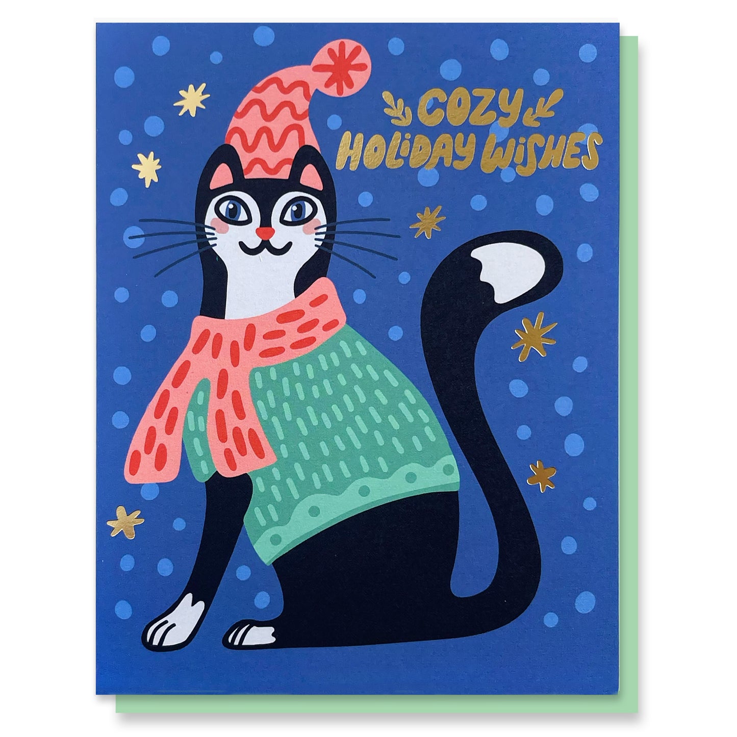 Cozy Cat Gold Foil Holiday Christmas Card Case of 6 / Box Set of 3