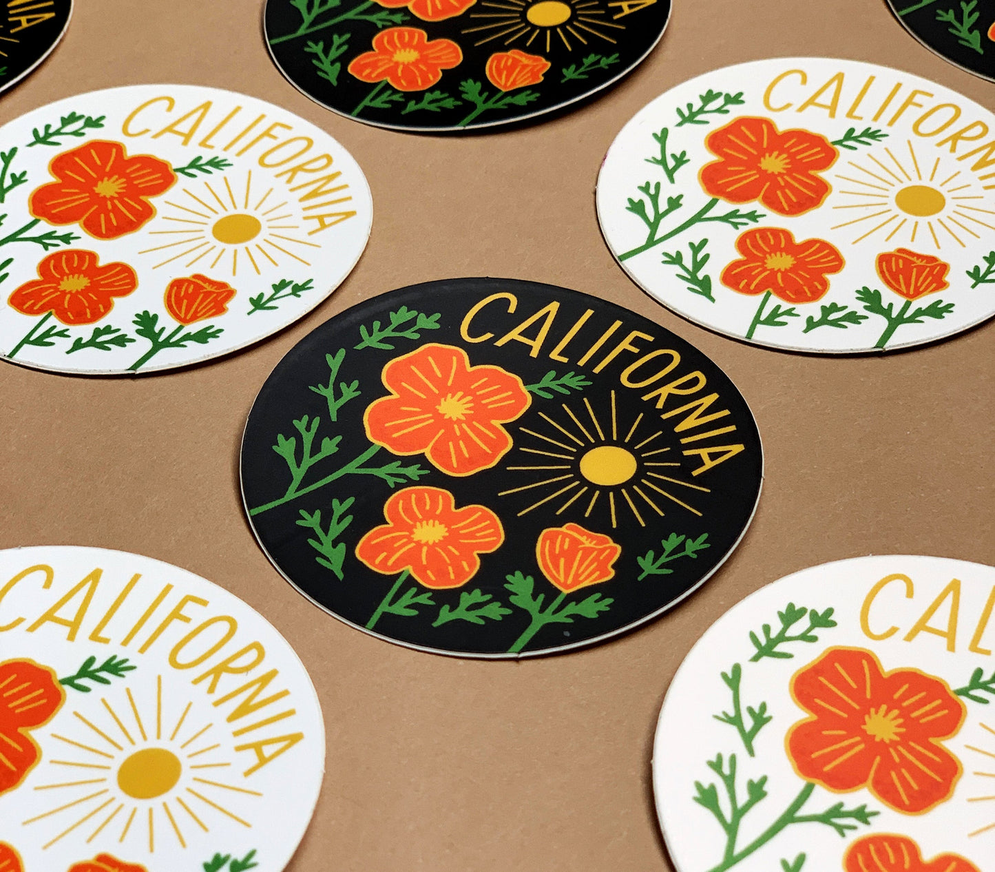 California Poppy Sun Black Sticker Case of 6